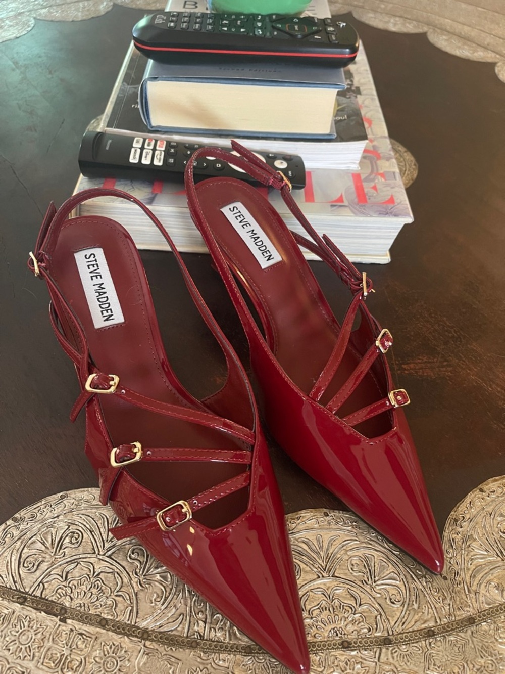 Steve Madden Red Patent Pointed-Strap Slingback Heels 7.5